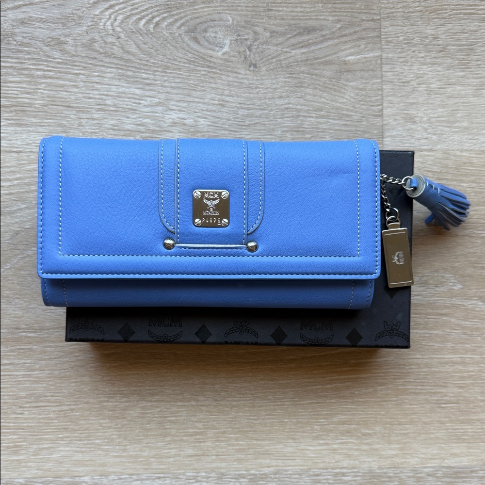 MCM Sky Blue Leather Wallet with Silver Accents